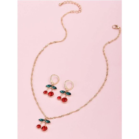 3 PIECE RHINESTONE CHERRY NECKLACE AND EARRINGS - Picture 2 of 4